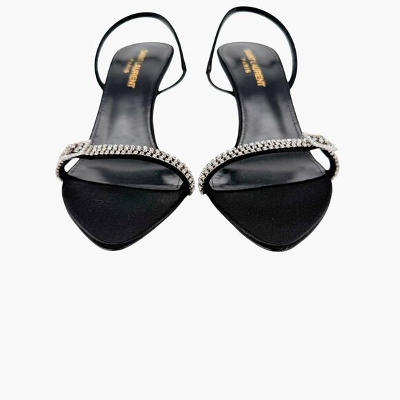 Saint Laurent Rendez Vous 75 Black Crystal Slingback Sandals Heels Size 37 US 7 - Picture 7 of 15
